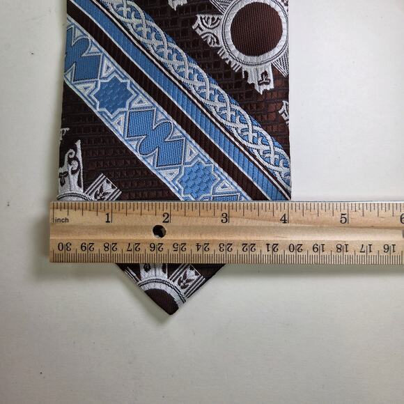 Oscar de la Renta Brown Blue Geometric Tie 4" Wide Vintage Polyester - Picture 7 of 7